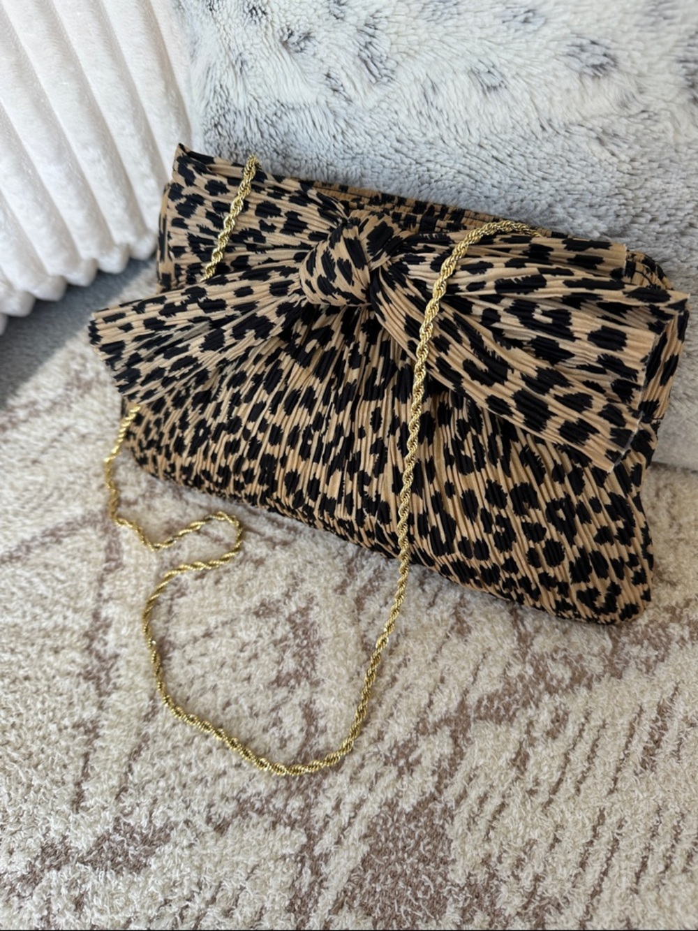 Loeffler Randall Pleated Leopard Bow Clutch w/ Gold Chain Strap Evening Bag